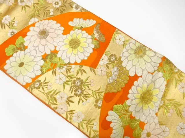 JAPANESE KIMONO / ANTIQUE FUKURO OBI / SILK / WOVEN KIKU & SAKURA